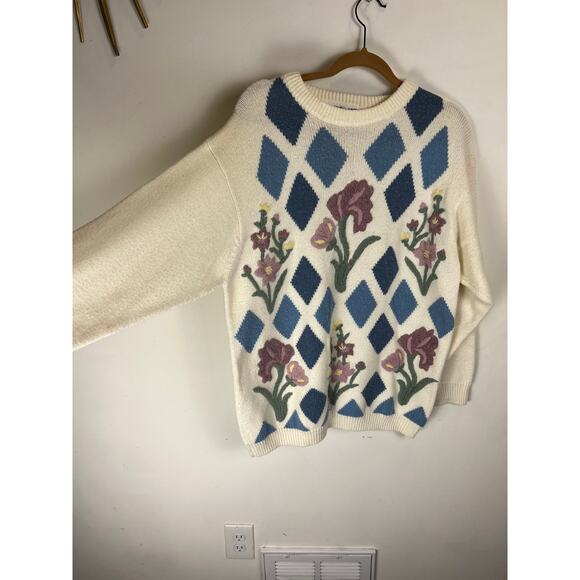 Vintage Knit Sweater with Flowers & Argyle - XL - Picture 2 of 6